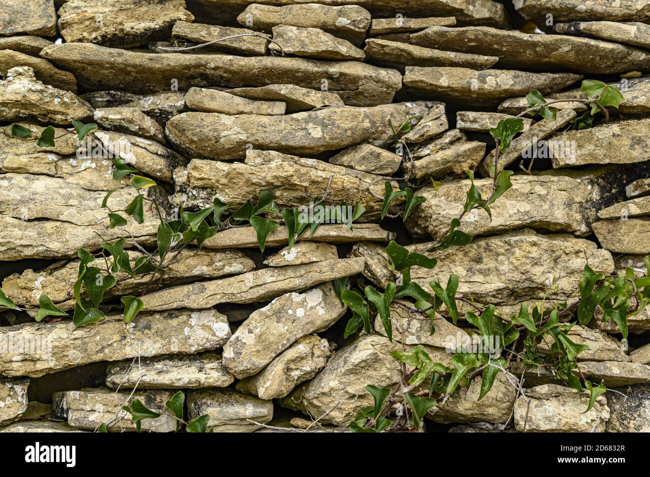 Closeup shot of stone wall background with green grasses Stock Photo