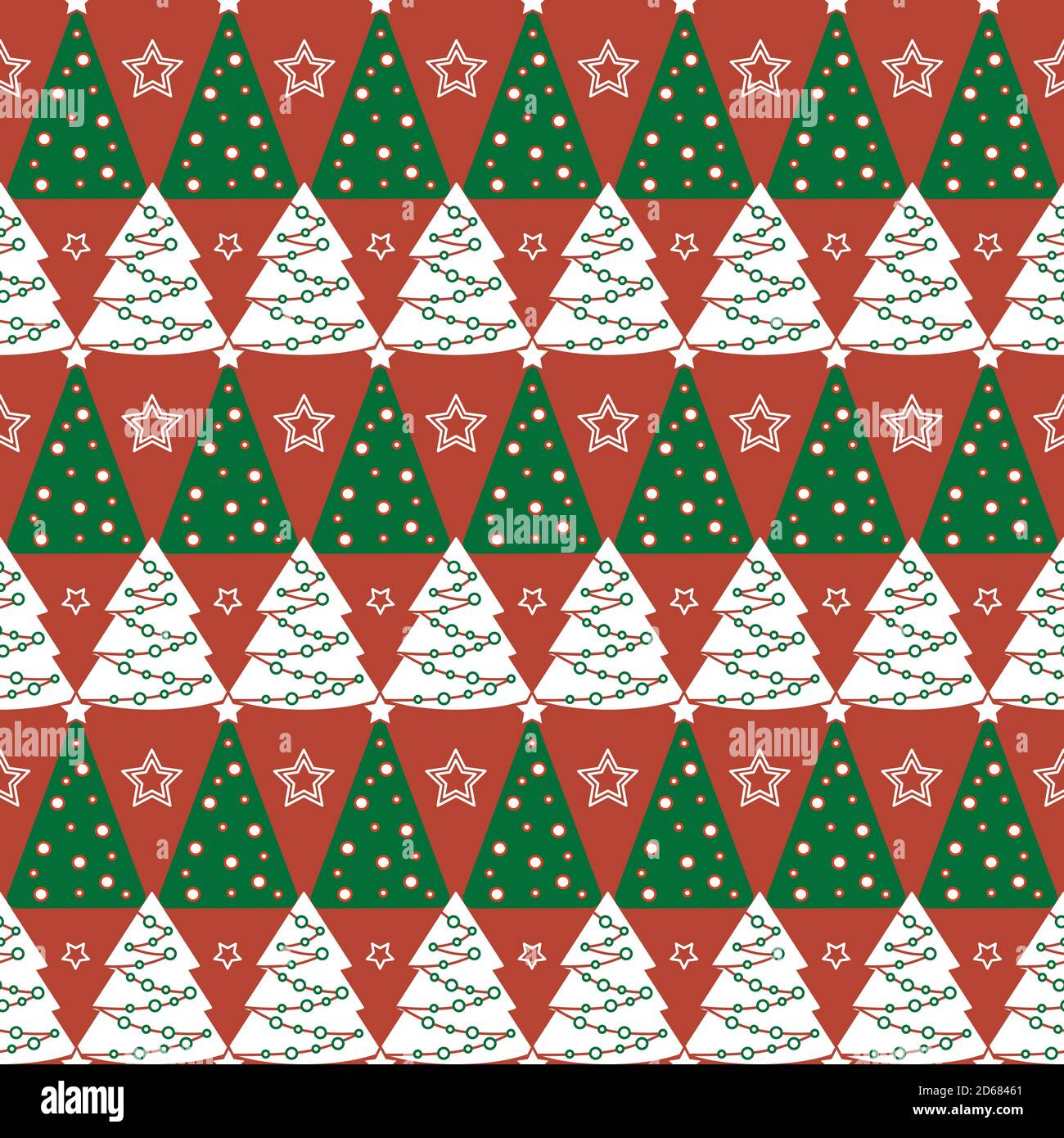 Christmas tree seamless pattern. Geometric pattern with Christmas trees and stars. Red, green and white colors Stock Vector