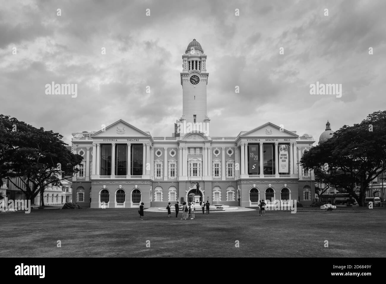 Singapore - December 3, 2019:  The Victoria Theatre and Concert Hall in Singapore. Black and white photo in retro style. Stock Photo