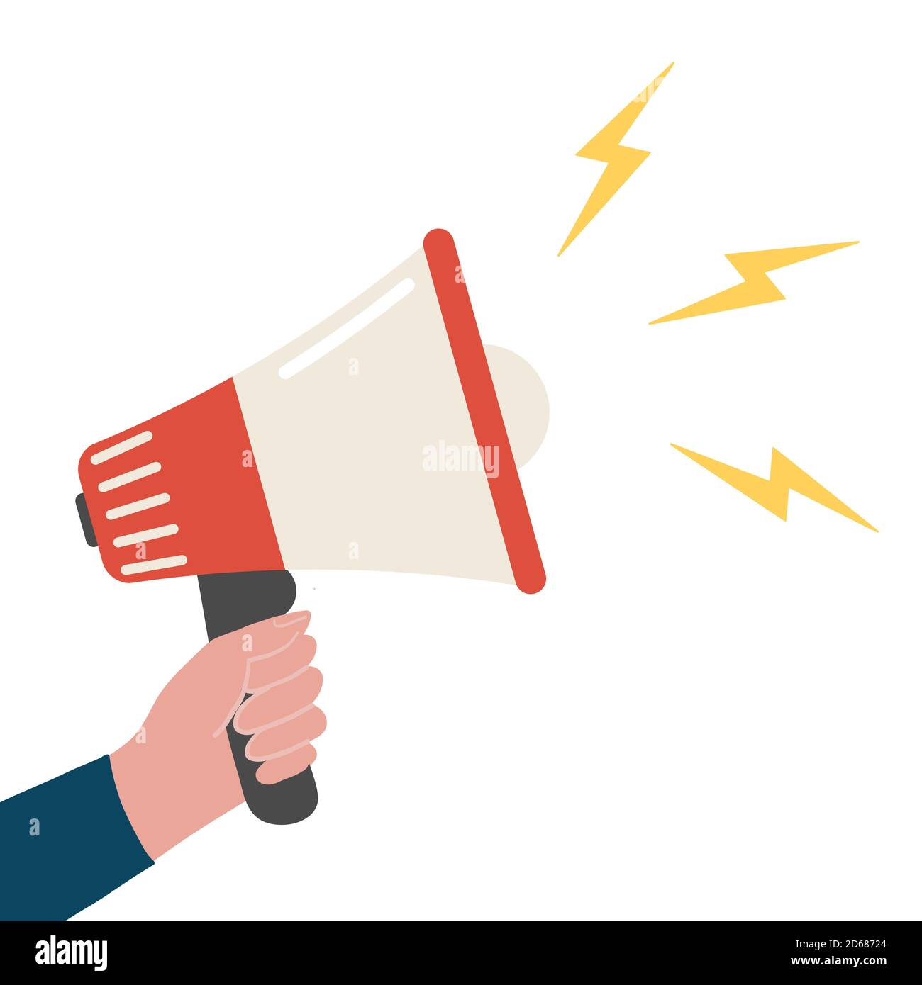 Loudspeaker. Hand with megaphone. Attention or refer a friend concept. Promotion flat cartoon template Stock Vector