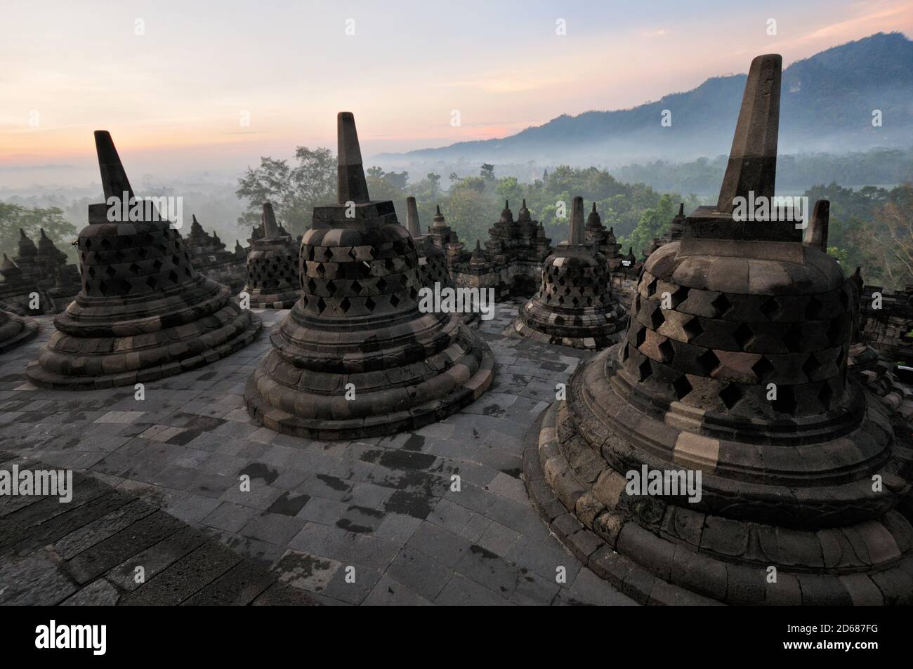 Borobudur stupas at dawn on the island of Java, Indonesia Stock Photo