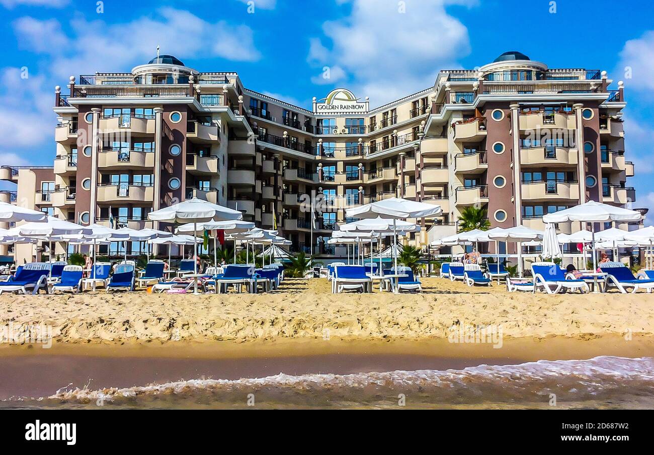 Sunny Beach, Bulgaria. Hotel in resort city in the summer. First line Stock Photo