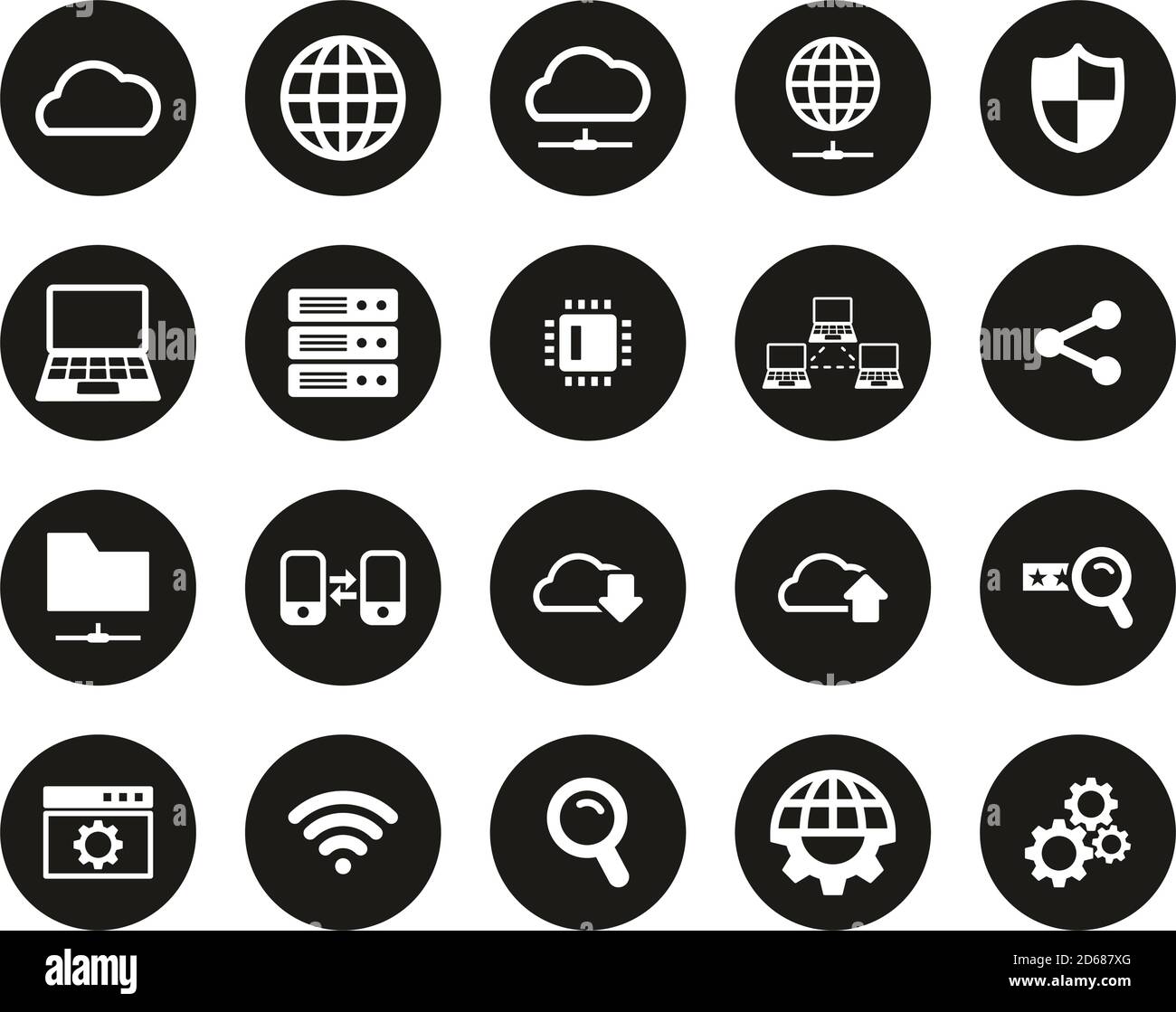 Cloud Network Icons White On Black Flat Design Circle Set Big Stock ...