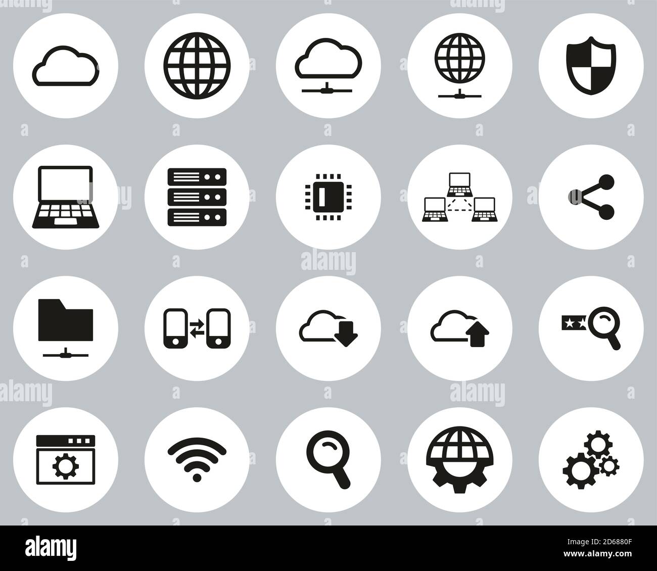 Cloud Network Icons Black & White Flat Design Circle Set Big Stock Vector