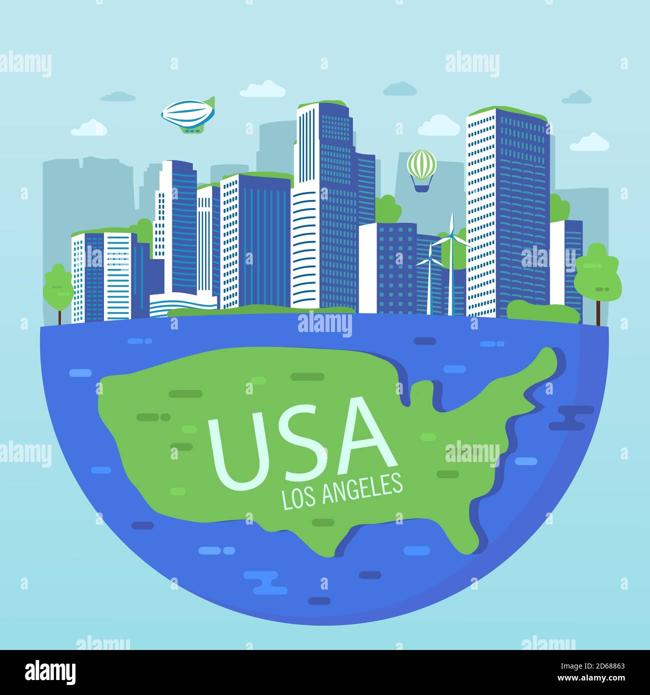 Downtown Los Angeles.Skyline american city.Usa map.Green city concept. Stock Vector