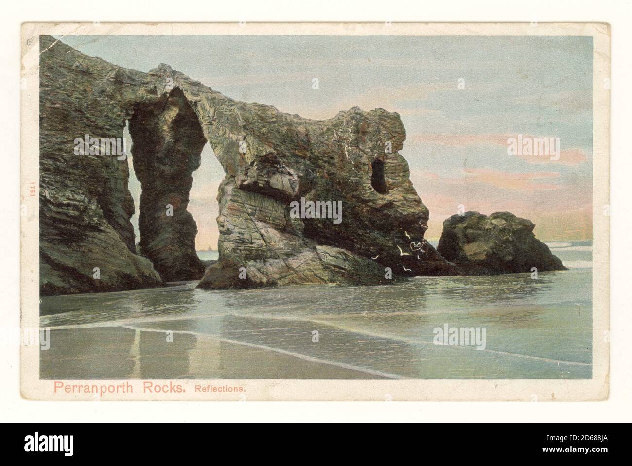 Early 1900's tinted postcard of Retreat Rocks. entitled 'Perranporth Rocks, Reflections' 1908, Perranporth, Cornwall, England,  U.K. Stock Photo