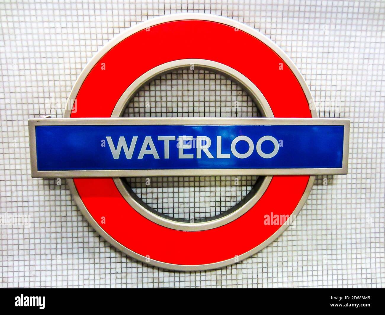 Waterloo  underground tube station sign. London's underground railway is the oldest in the world, dating back to 1863. London, UK Stock Photo