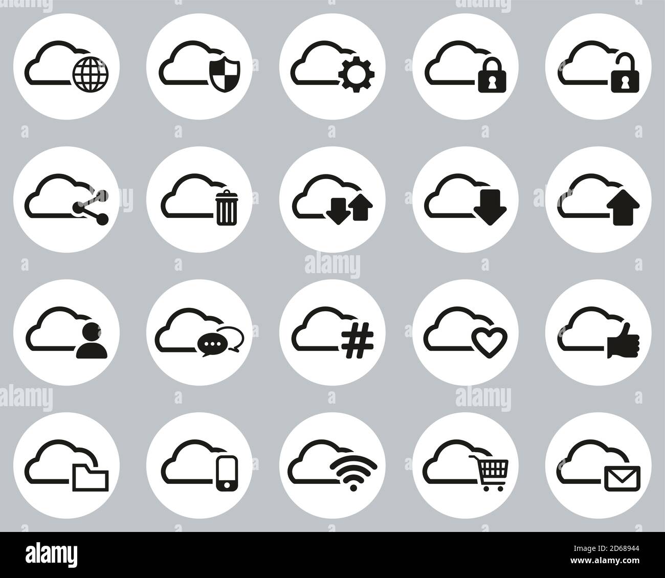 Cloud Service Black & White Flat Design Circle Set Big Stock Vector