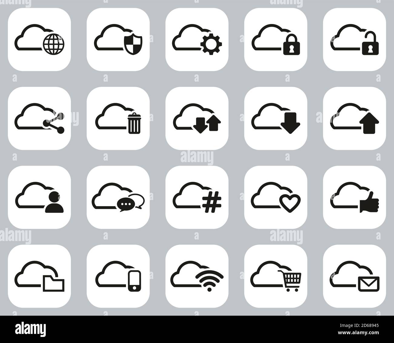 Cloud Service Black & White Flat Design Set Big Stock Vector