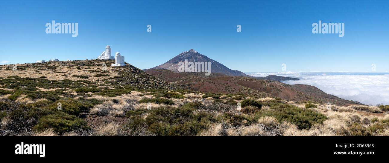 National park Tenerife with Teide and observatory above the clouds Stock Photo