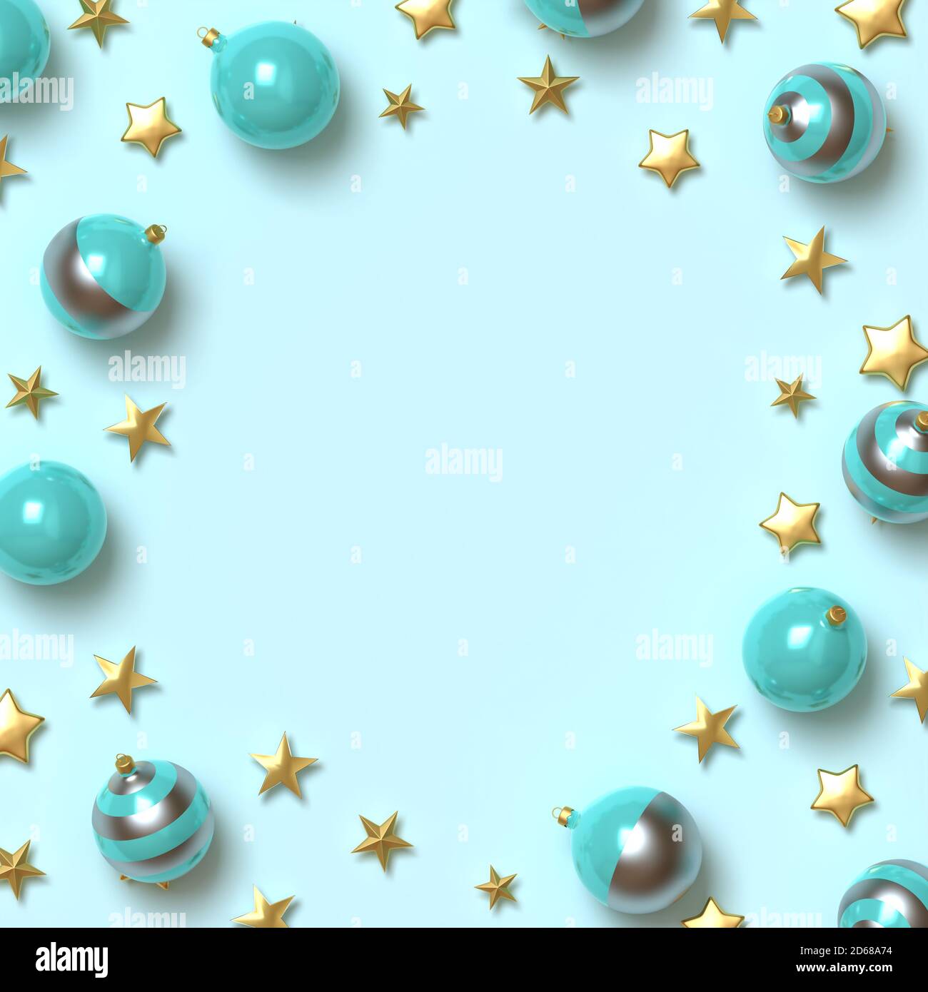 3d illustration golden stars glitter and christmas ball on blue background.  Stock Photo