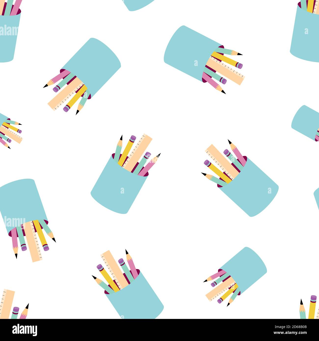 Blue pencil holder with pencils and rulers seamless pattern background