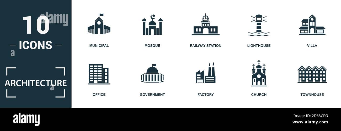 Architecture icon set. Monochrome sign collection with office ...