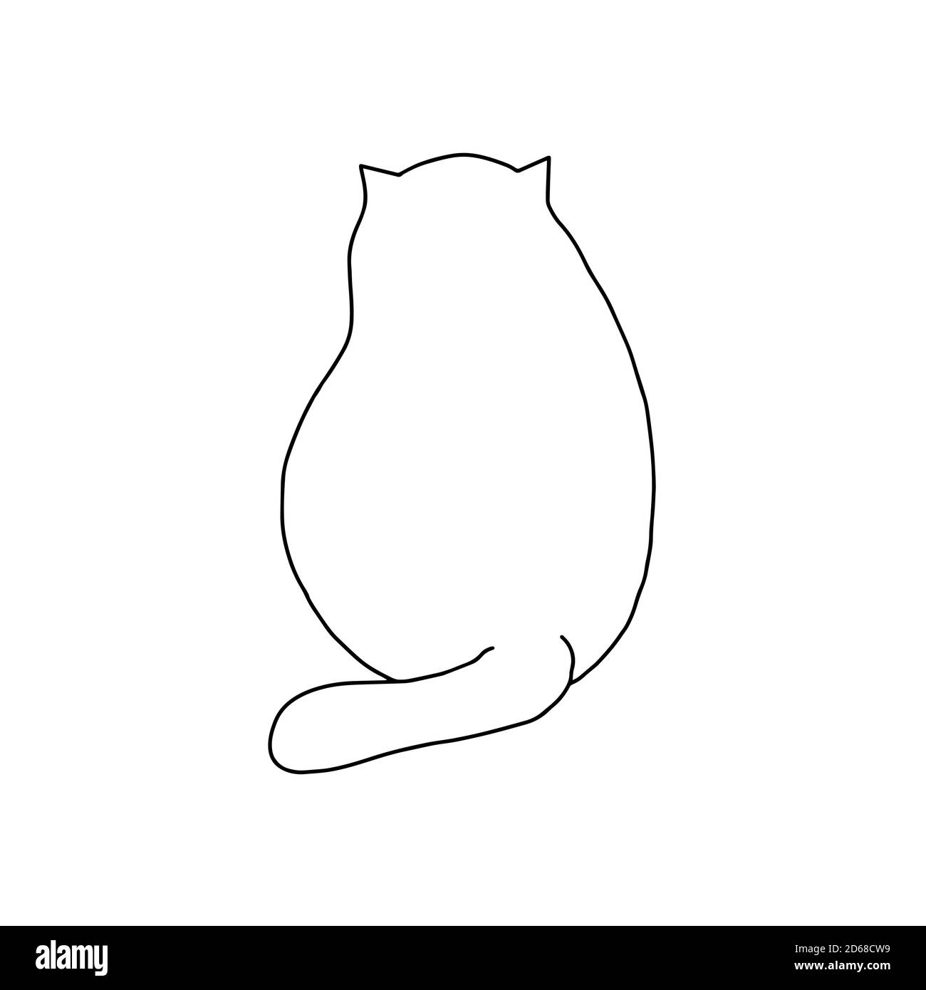 Vector outline illustration of a simple cute funny sitting cat view from behind, hand drawn doodle cartoon image on the white background Stock Vector