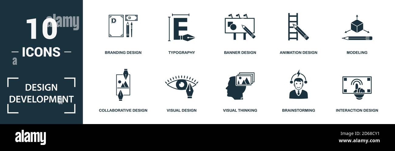 Design Development icon set. Monochrome sign collection with ...