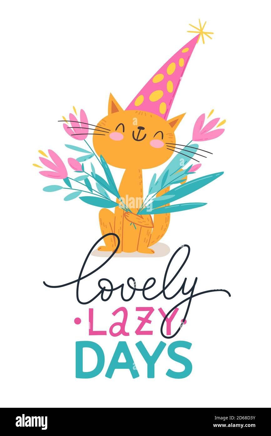 Vector poster with funny cat with flowers and lettering Stock Vector