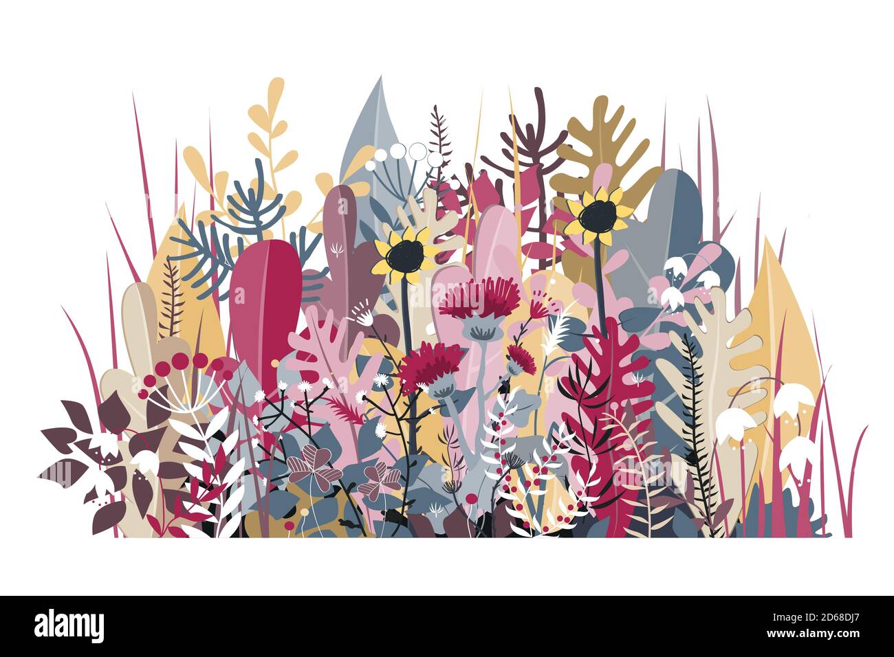 Doodle forest background of stylized autumn flowers, leaves and trees for greeting cards, textile, or banners. Meadow or forest border Stock Vector