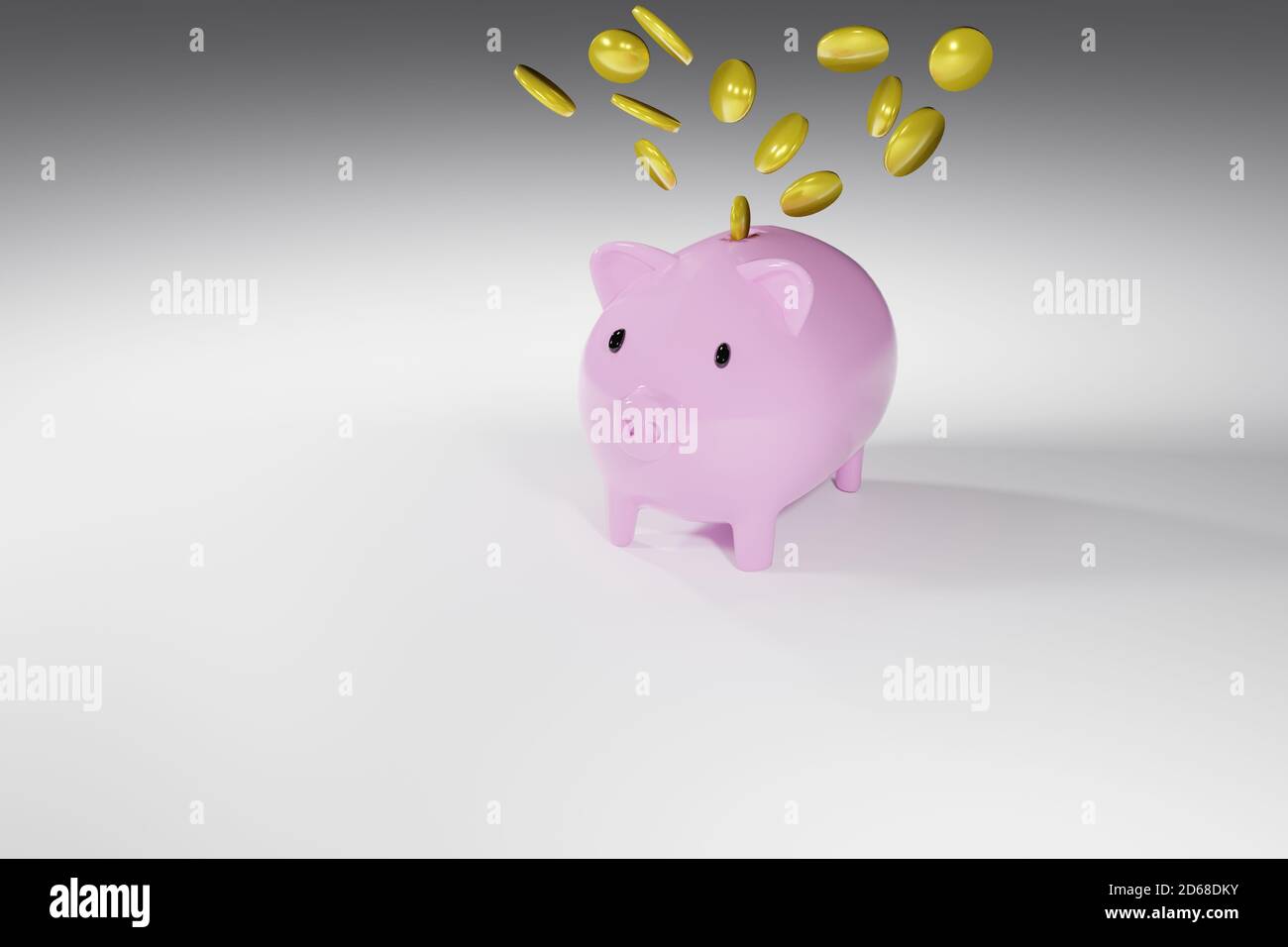 3d rendering illustration Pink piggy bank with gold coins falling down ...