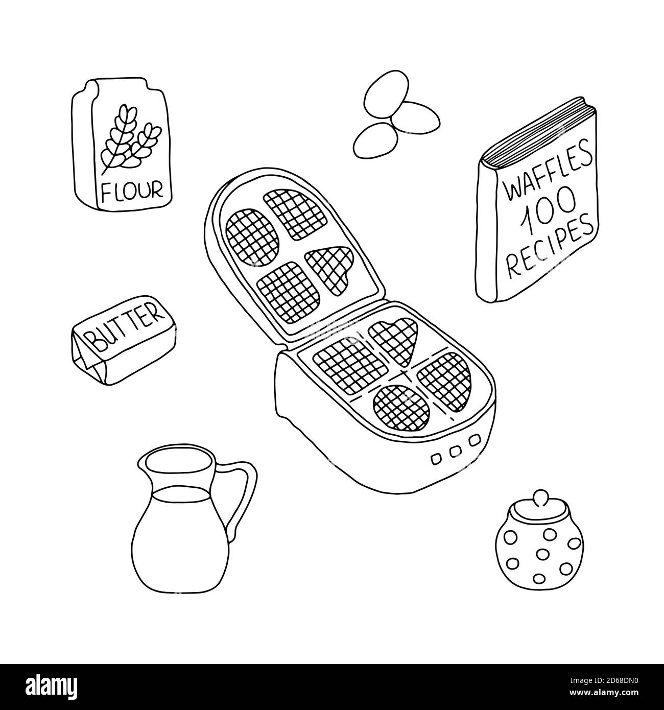 Outline vector hand drawn illustration of waffle iron, milk jar, butter, sugar-bowl, book of recipes, flour, simple pattern for cooking and homemade pastry Stock Vector