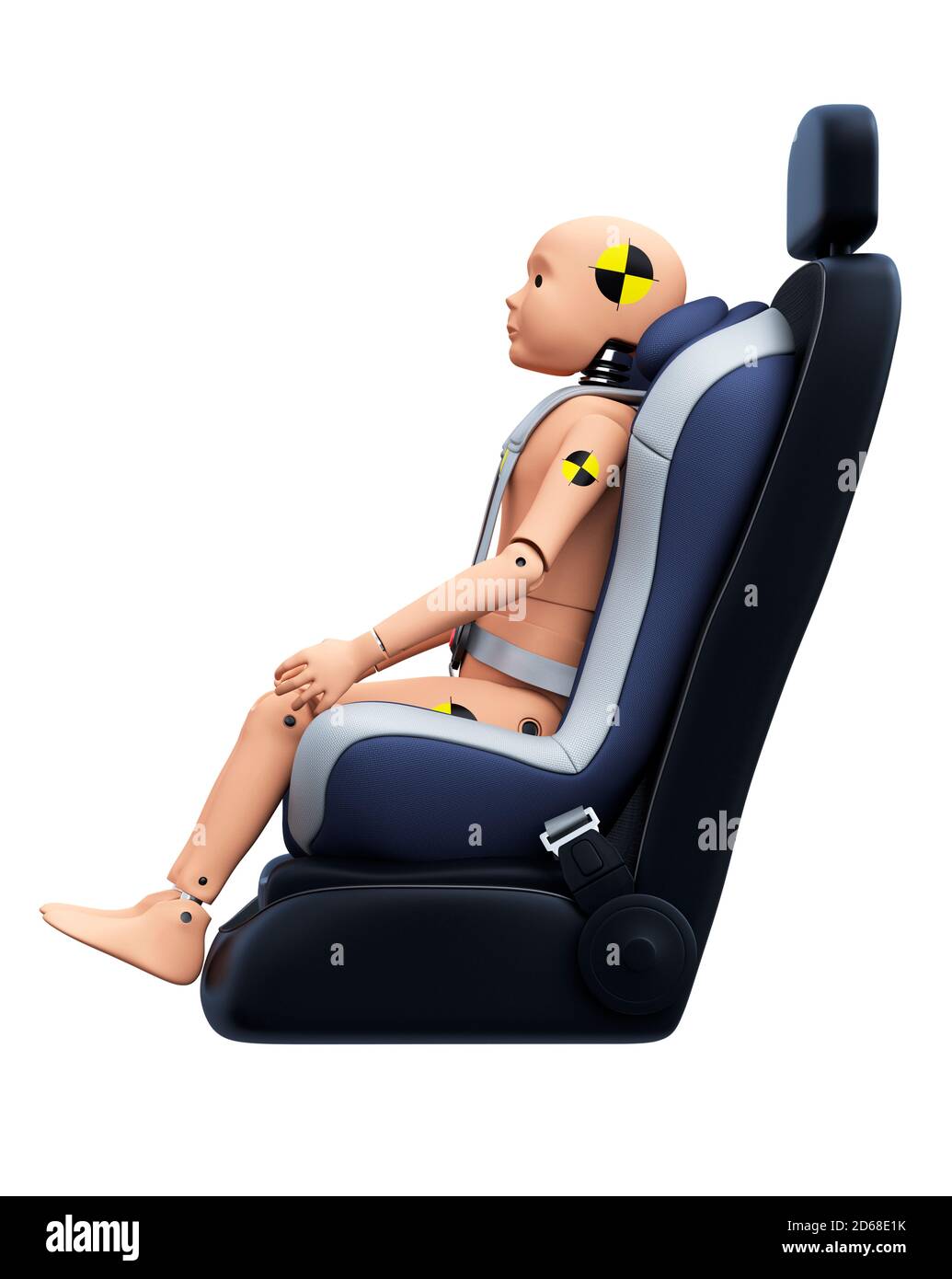 Child Crash Test Dummy in Car Seat. Side View. Safety Concept Stock Photo