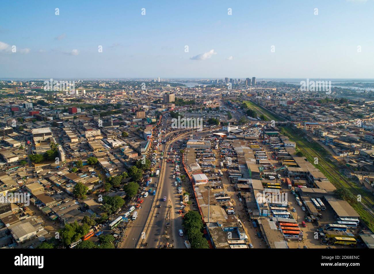 Cote d'Ivoire (Ivory Coast), Abidjan: aerial view of the new popular district of Adjame, north of the city. The bus station and the town in the backgr Stock Photo