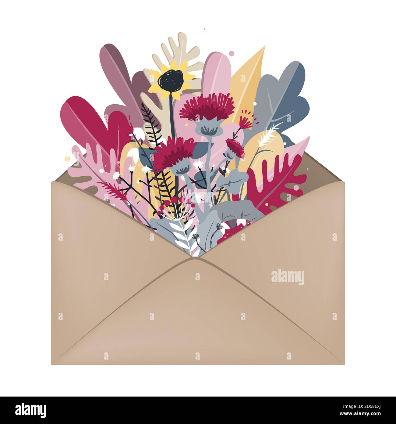 Envelope with autumn bouquet inside. Hello autumn concept. Vintage postcard with doodle hand drawn autumn leaves. Vector illustration. Stock Vector