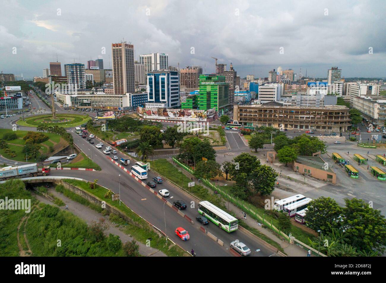 Cote d'Ivoire (Ivory Coast), Abidjan: aerial view of the business district of Le Plateau. Office buildings and traffic in 'place de la Republique' squ Stock Photo