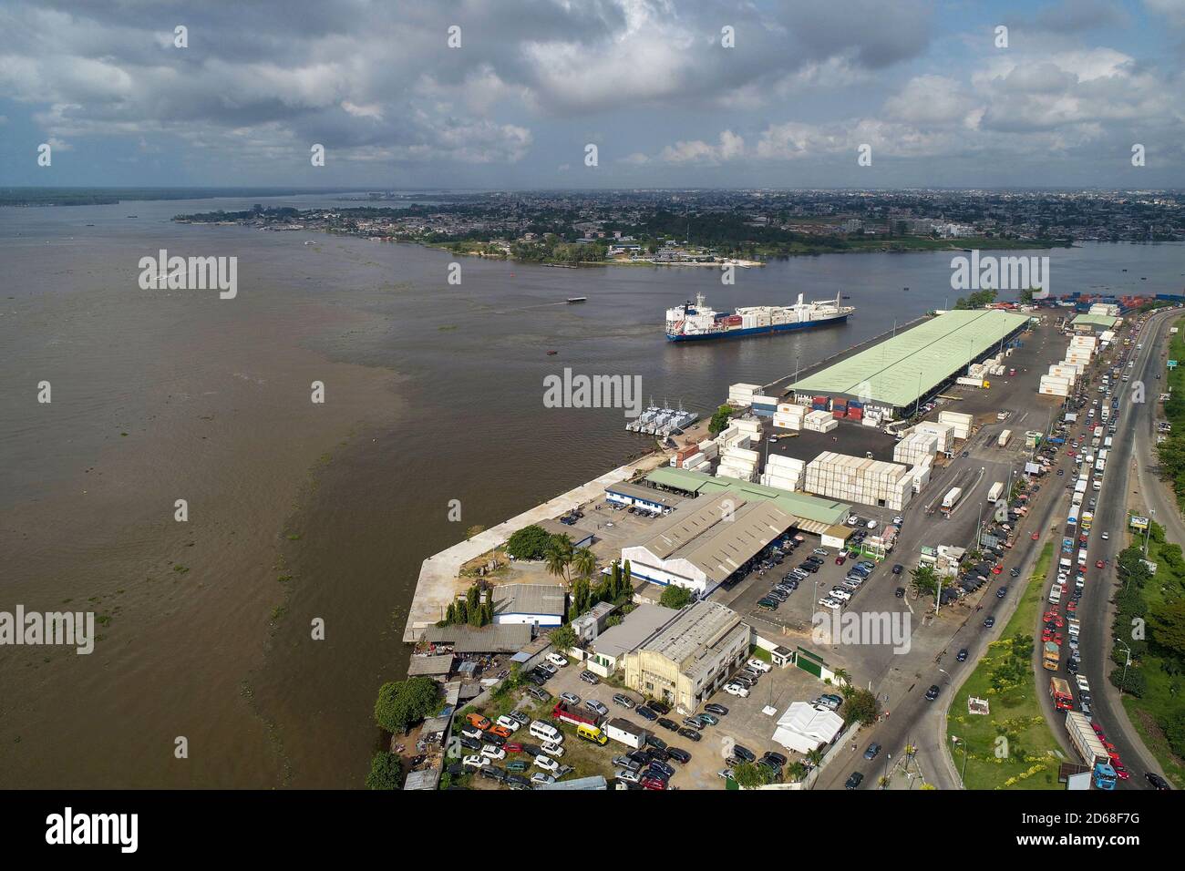 Cote d'Ivoire (Ivory Coast), Abidjan: aerial view of the business district of Le Plateau with the National Customs school and the fruit market in the Stock Photo