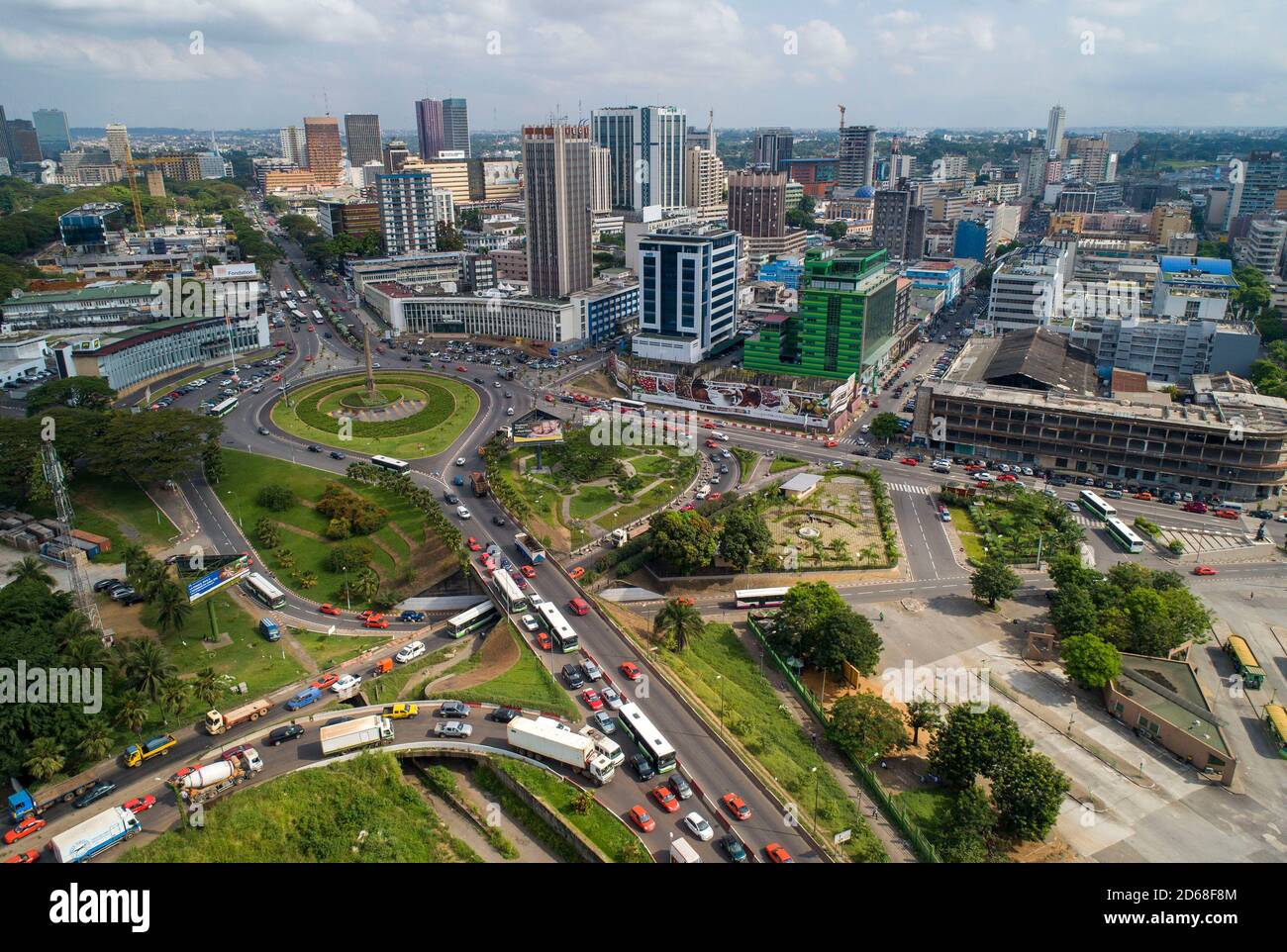 Cote d'Ivoire (Ivory Coast), Abidjan: aerial view of the business district of Le Plateau. Office buildings and traffic in 'place de la Republique' squ Stock Photo