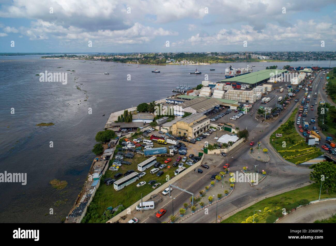 Cote d'Ivoire (Ivory Coast), Abidjan: aerial view of the business district of Le Plateau with the National Customs school and the fruit market in the Stock Photo