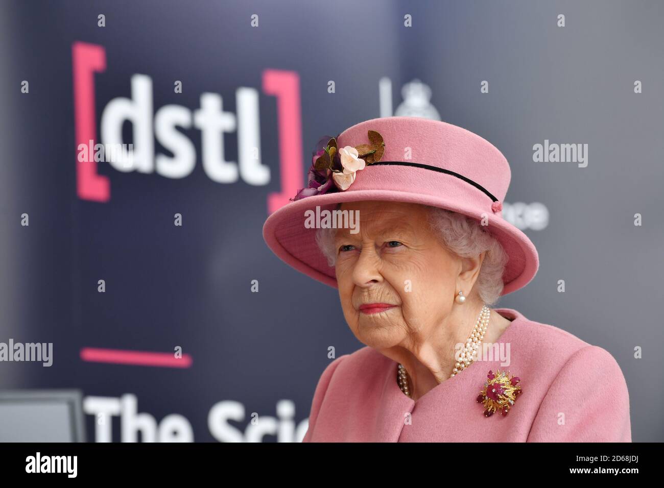 Queen Elizabeth II during a visit to the Energetics Analysis Centre at the Defence Science and Technology Laboratory (DSTL) at Porton Down, Wiltshire, to view a display of weaponry and tactics used in counter intelligence, and meet staff who were involved in the Salisbury Novichok incident. Stock Photo
