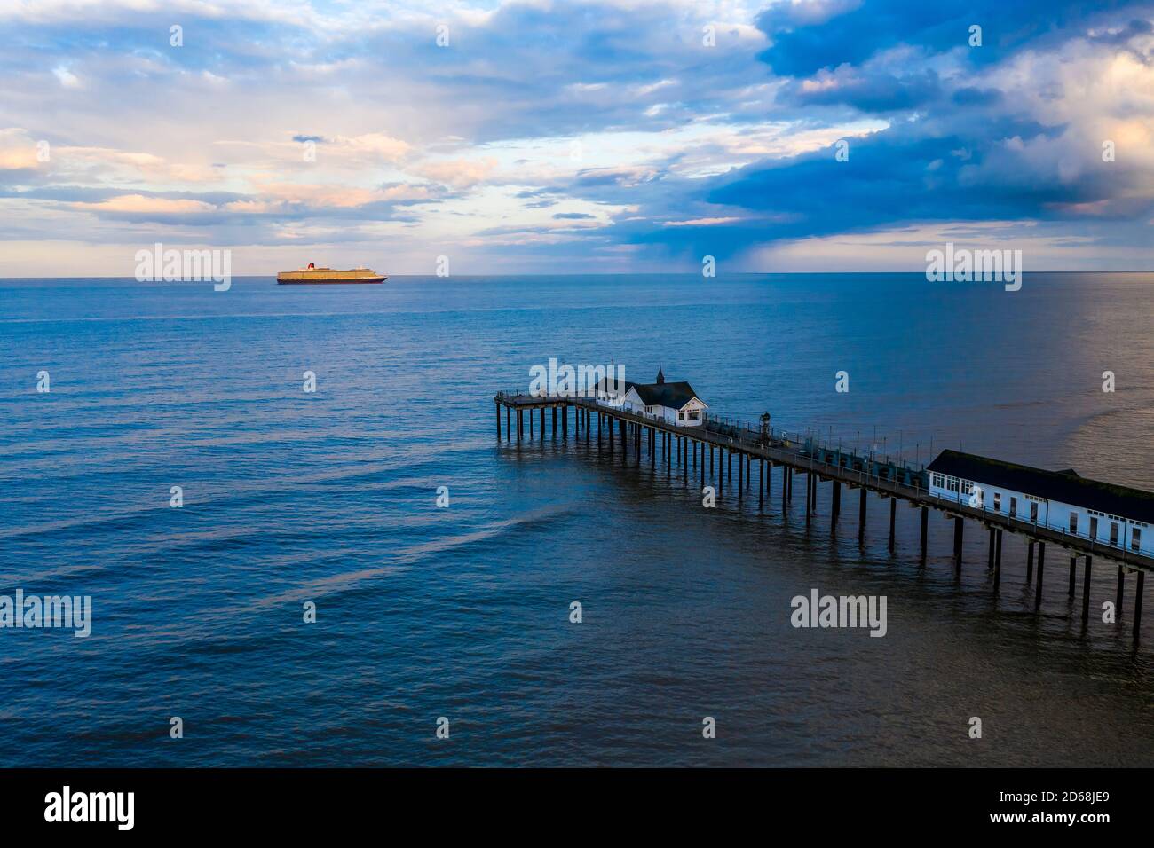 The Southwold pier with a cruise ship, in East of England. Stock Photo