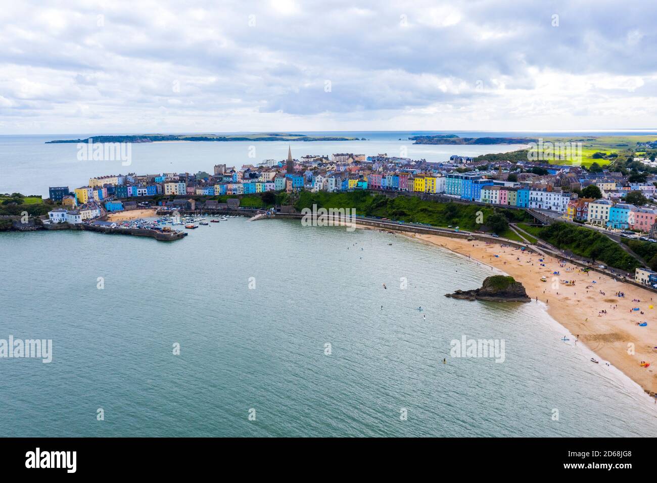 Aerial shot of the colourful Tenby town. Stock Photo