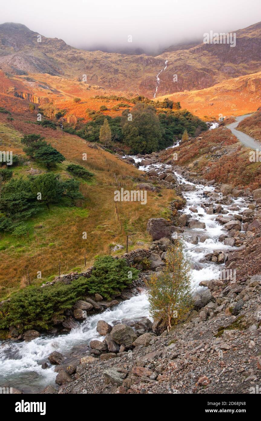 Lakeland fells and stream in autumn colours. Stock Photo