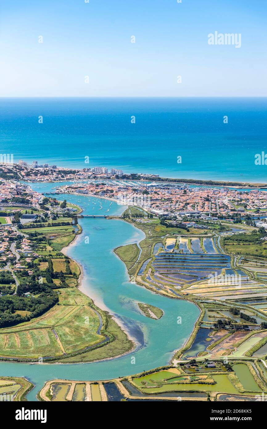 Saint-Gilles-Croix-de-Vie (central-western France): aerial view of the town from the salt marshes, on the coast of the Vendee department Stock Photo