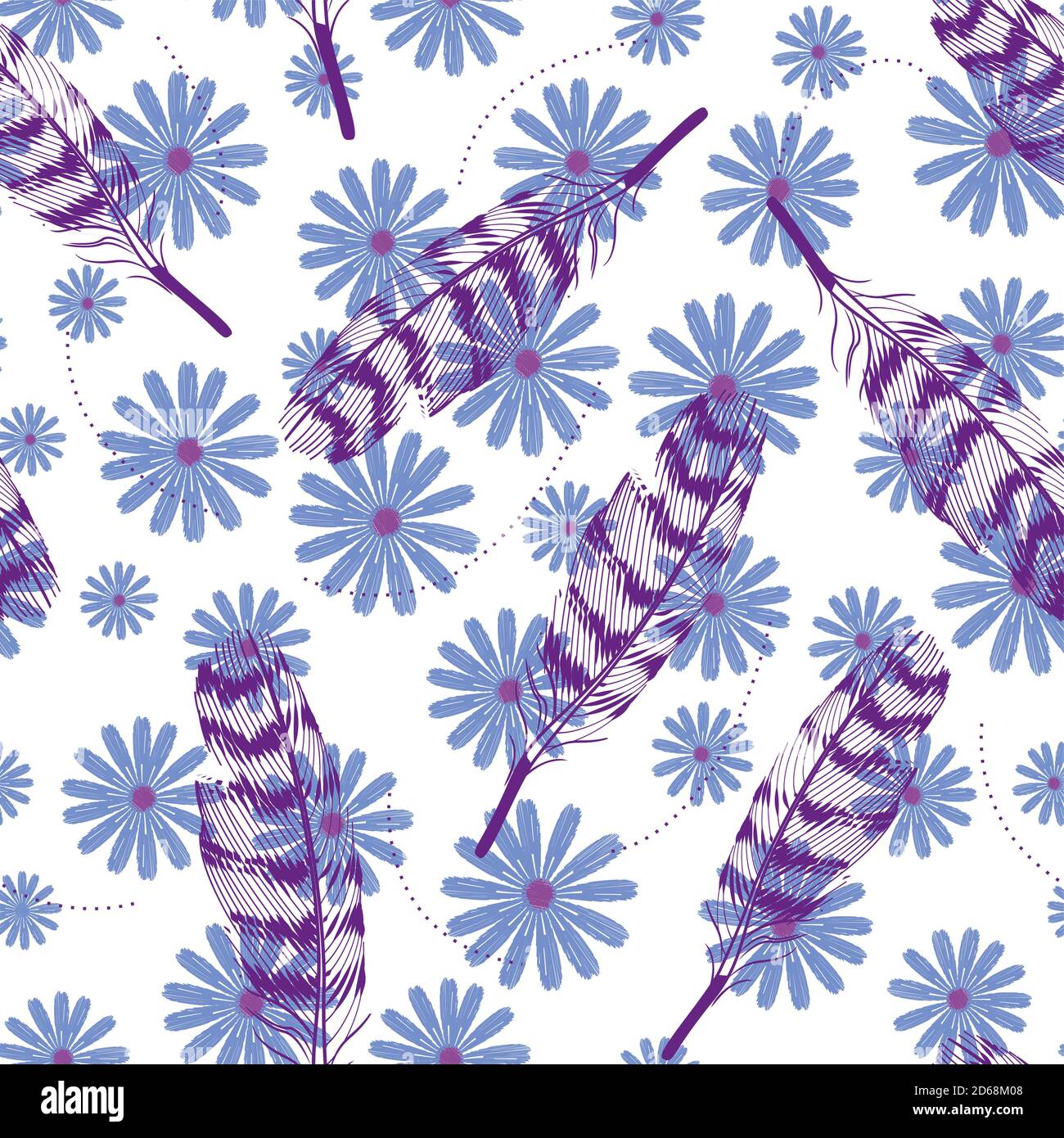 pattern of feathers in different positions on daisy background. Stock Vector