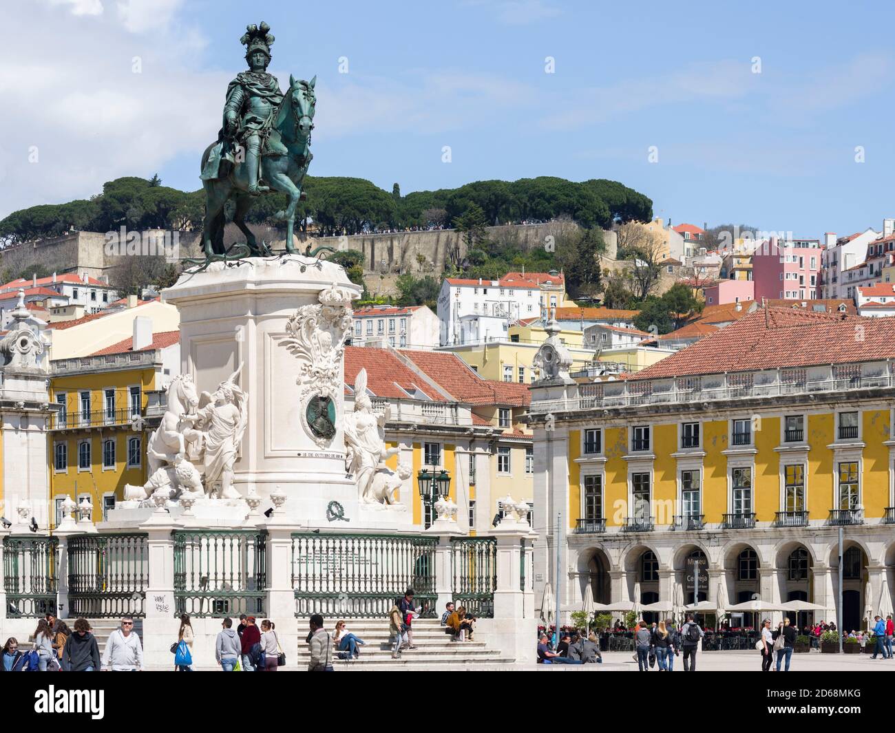 The statue of Dom Jose I  at the square Praca do Comerico. Castelo de Sao Jorge in the background. Lisbon, Portugal  Europe Stock Photo
