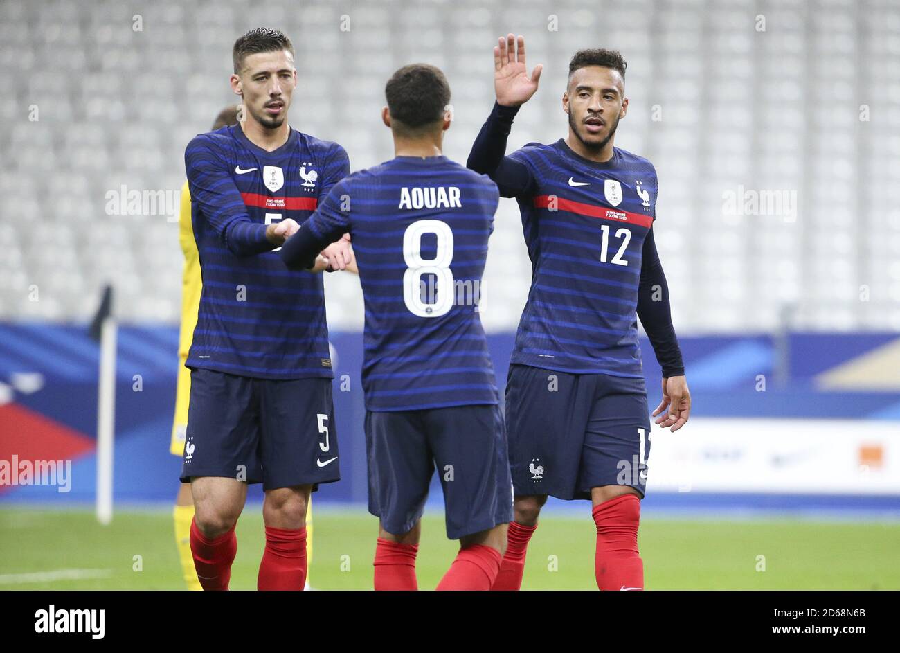 orentin Tolisso of France (right) celebrates his goal with Clement Lenglet, Houssem Aouar during the international friendly game football match betwe Stock Photo
