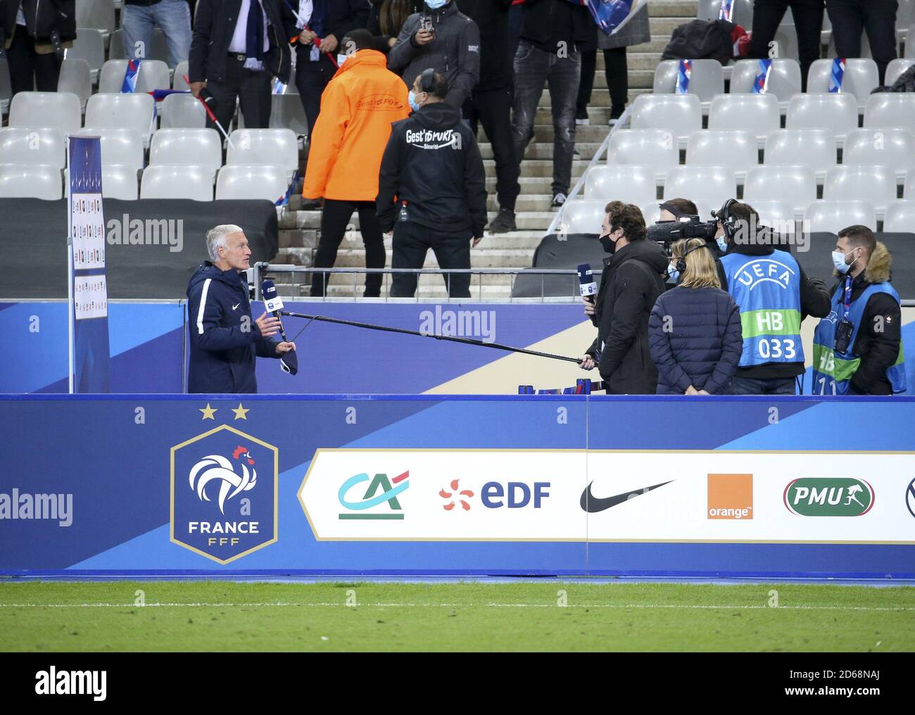 oach of France Didier Deschamps anwers to french tv following the international friendly game football match between France and Ukraine on October 7, Stock Photo