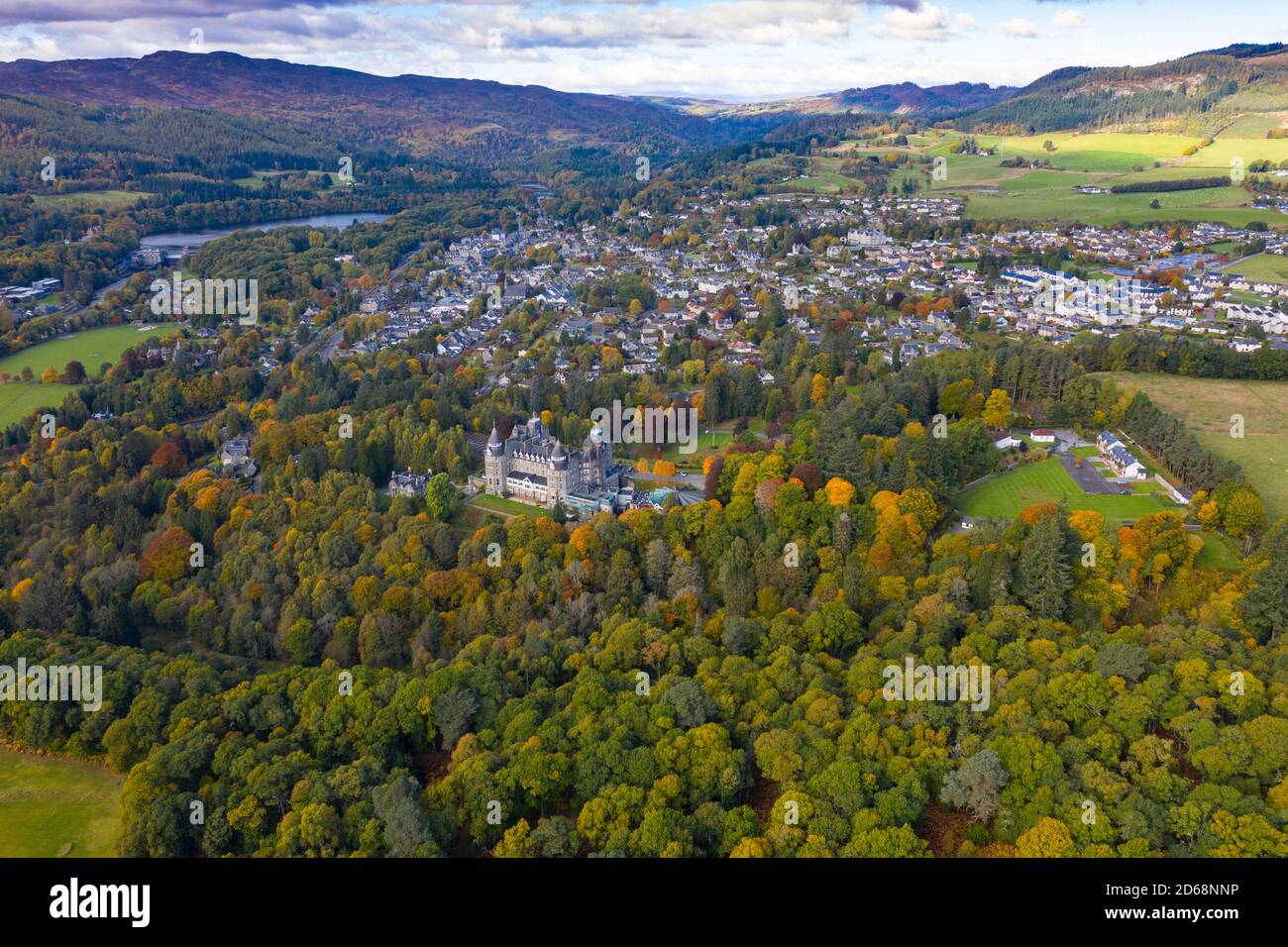 Aerial view during autumn of Atholl Palace Museum and town of Pitlochry in Perthshire, Scotland, UK Stock Photo