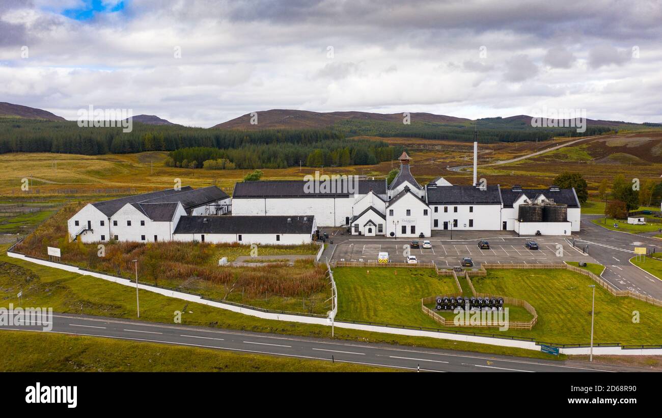 Aerial view of Dalwhinnie Distillery in Scottish Highlands, Scotland, UK Stock Photo