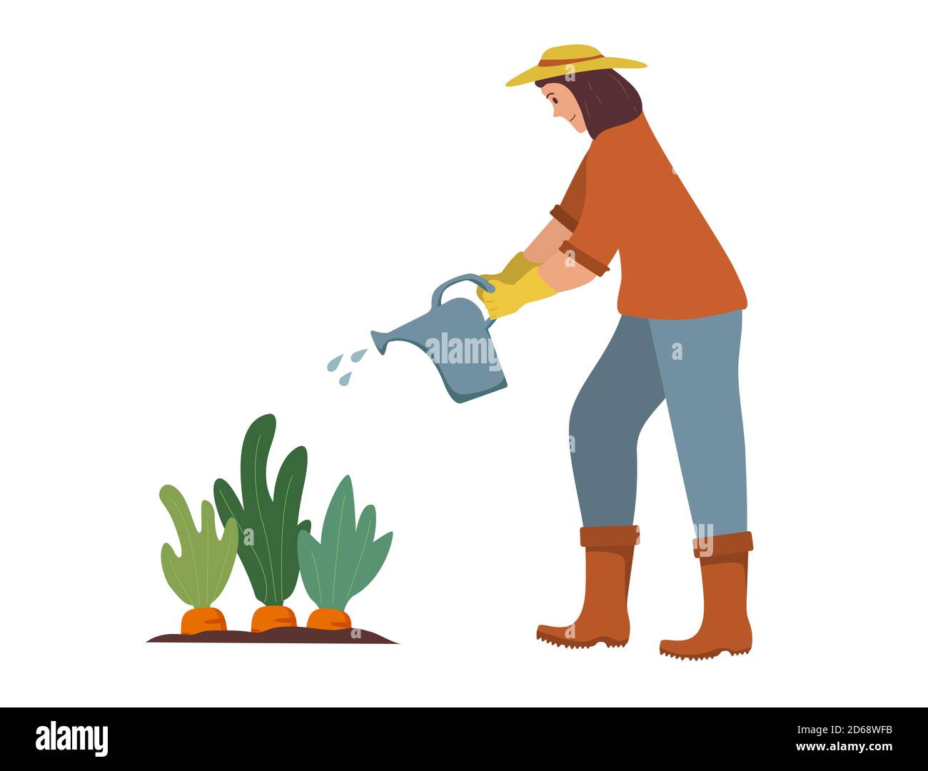 Woman gardener waters plants from a watering can.Agriculture gardener hobby. Stock Vector