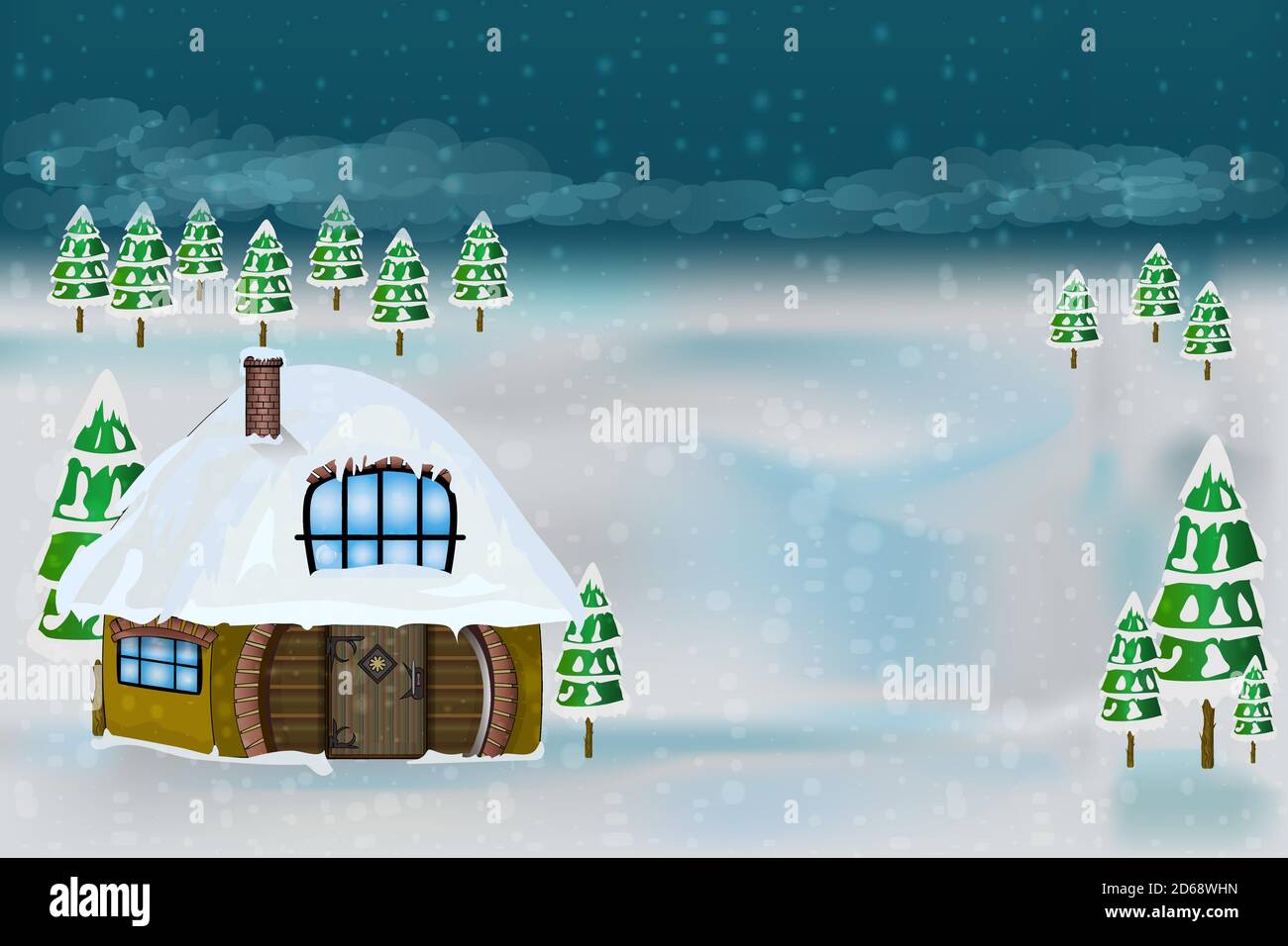 Winter landscape. Christmas landscape with house, fir tree and snow ...