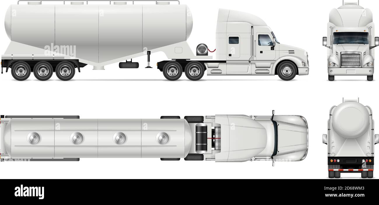 Dry bulk tanker trailer truck vector mockup on white for vehicle branding, corporate identity. View from side, front, back, top. All elements in group Stock Vector