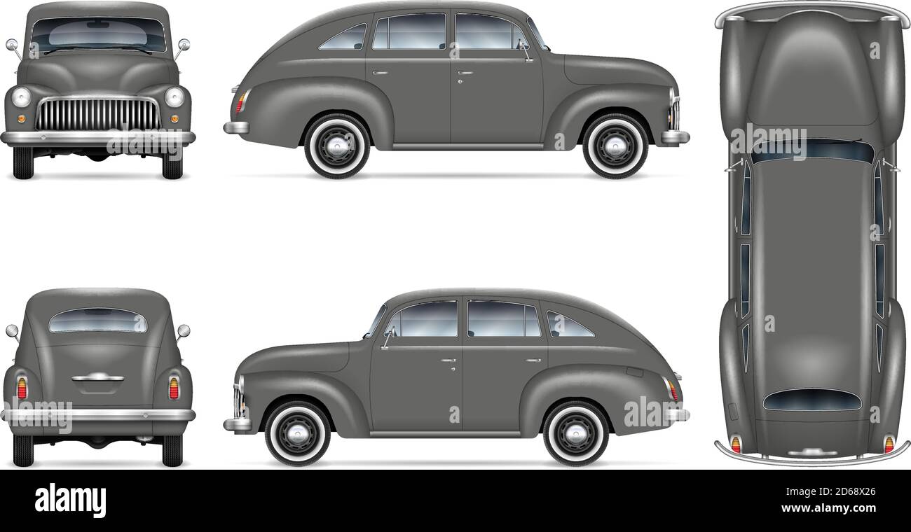 Retro car vector mockup on white background. Isolated grey auto view from side, front, back, top. All elements in the groups on separate layers Stock Vector