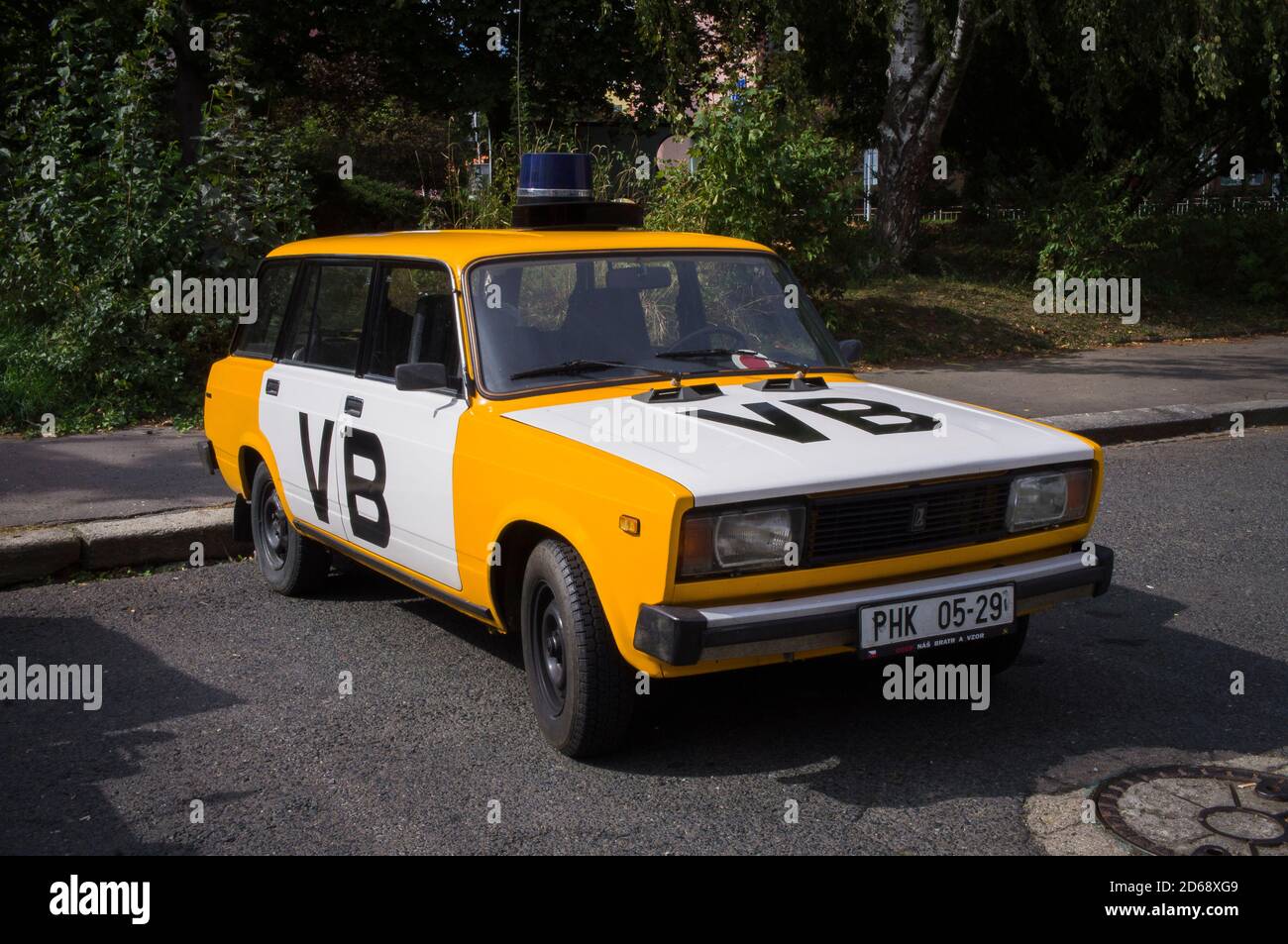The Lada VAZ 2107 combi veteran car, VB, Public Security, a branch of the National Security Corps, parked in front of the Restaurant and hotel Beranek Stock Photo
