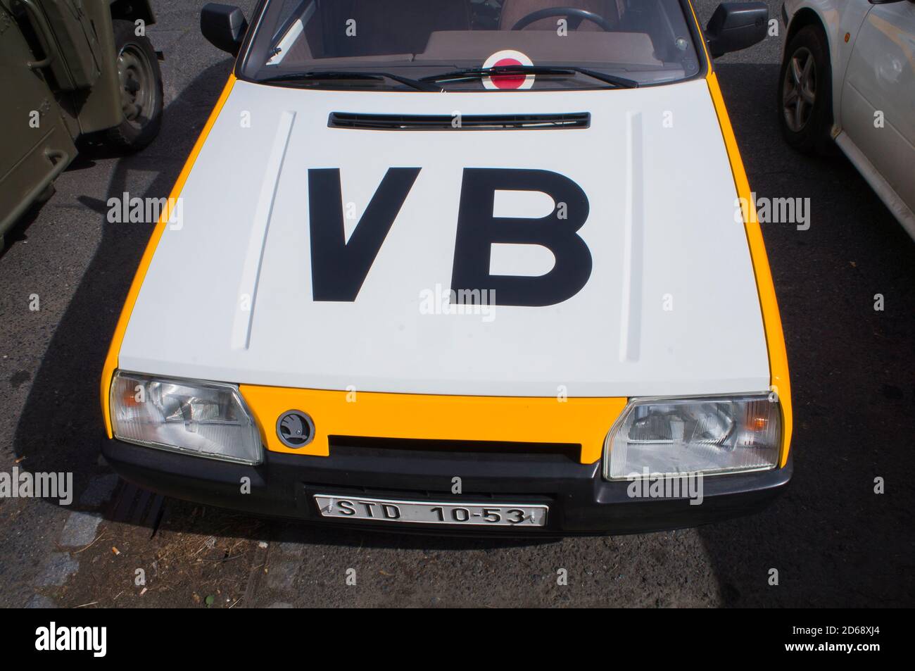 The Skoda Favorit veteran car, VB, Public Security, a branch of the National Security Corps, parked in front of the Restaurant and hotel Beranek in Kl Stock Photo