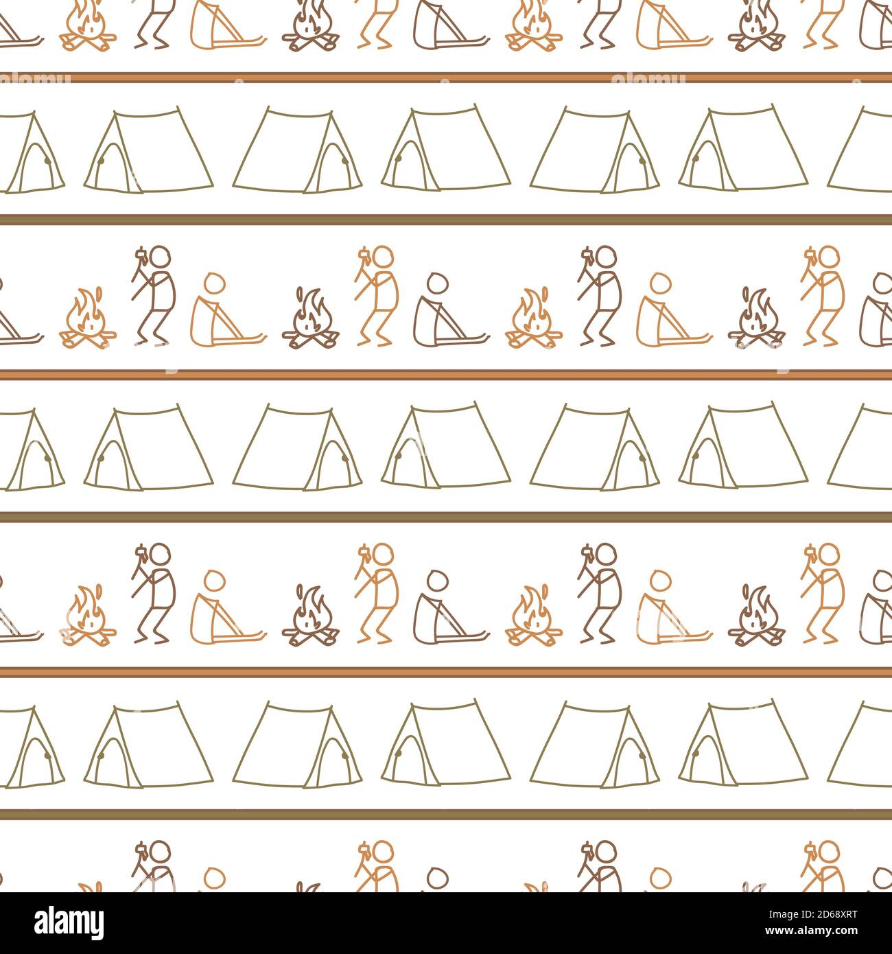 Seamless background stick figure and campfire with grill gender neutral pattern. Whimsical minimal earthy 2 tone color. kids nursery wallpaper or boho Stock Vector