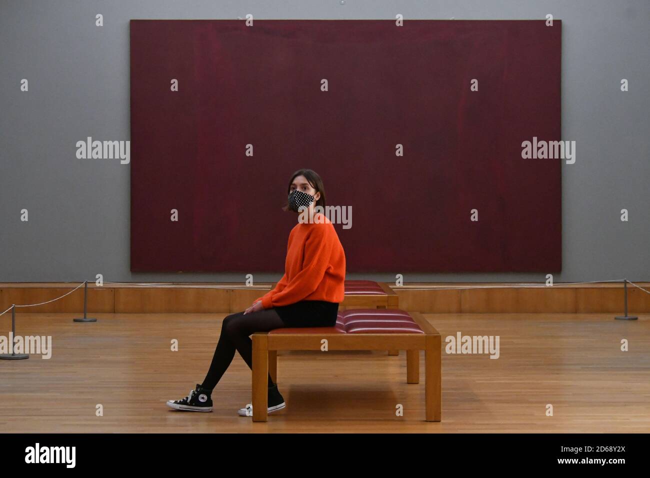 London, UK - 15 October 2020 Mark Rothko, Red on Maroon, 1959, at New displays which open at Tate Britain as part of the museumÕs three collection routes. Rothko and Turner is a new route celebrating 50 years since Mark Rothko first gave Tate his iconic Seagram Murals and joins paintings by JMW Turner. The route through British Art 1540-1920 includes weird and wonderful paintings of fairies from the past 200 years, as well as Gwen John, Stanley Spencer and the Vorticists. British Art 1930-Now has also been expanded with a new display about Kim Lim, and ground-breaking sculptures from the 1980s Stock Photo