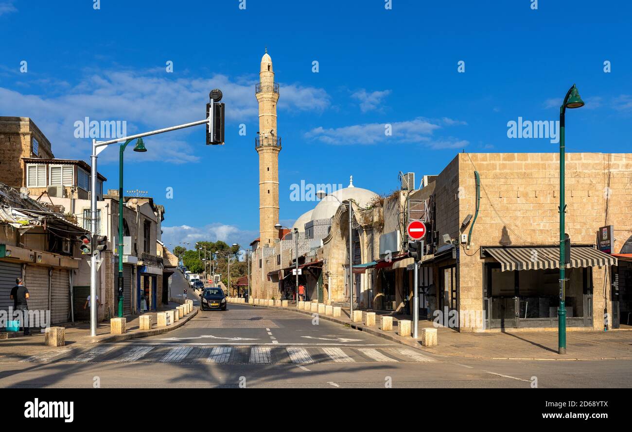 Tel Aviv Yafo, Gush Dan / Israel - 2017/10/11: Old City of Jaffa downtown with Mahmoudiya Mosque at Tayelet Mifraz Shlomo street Stock Photo